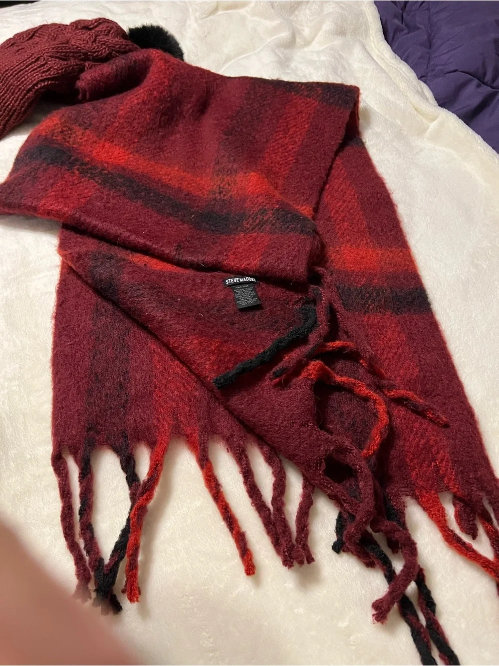 Steve Madden Burgundy and Black Plaid Fringe Scarf